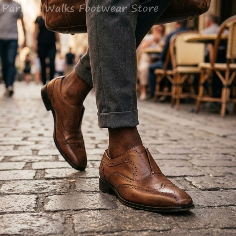 Oxford Brogue Leather - Mens Brown Leather Brogue Shoes Slip